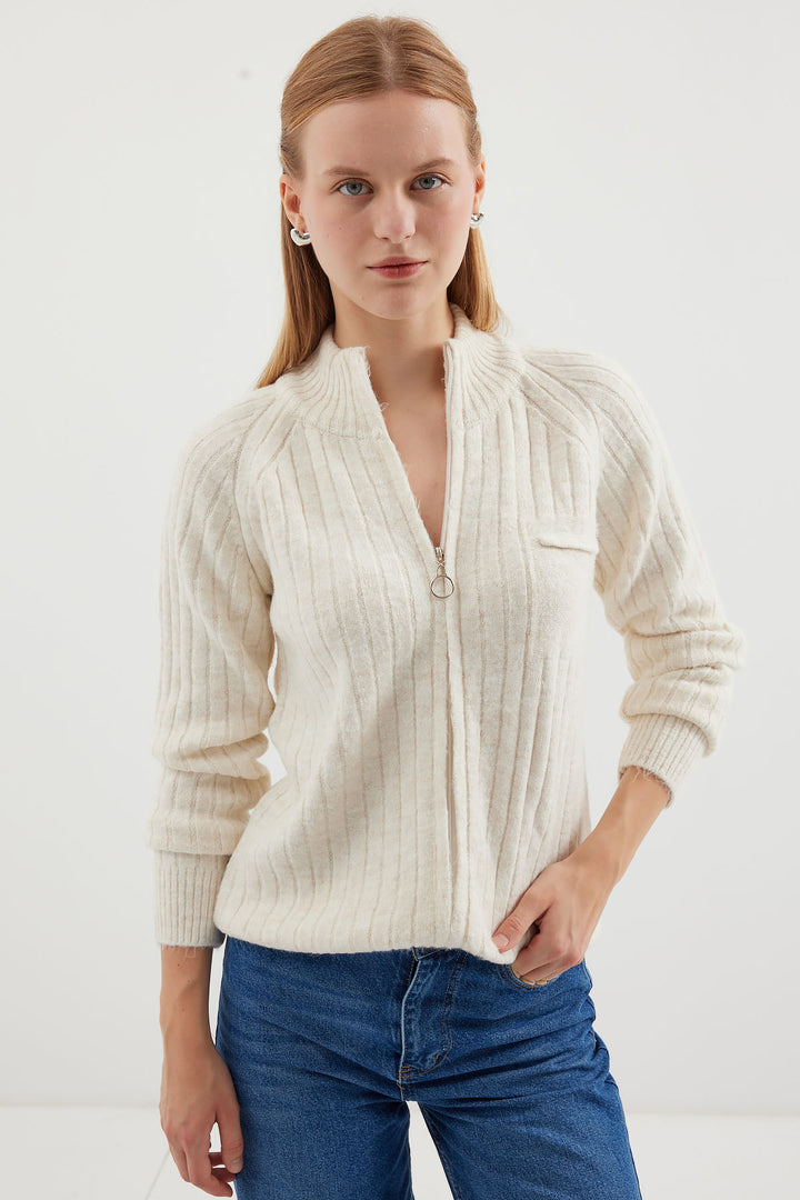 BGD Women Zippered Knit Cardigan - Ecru - South Shields