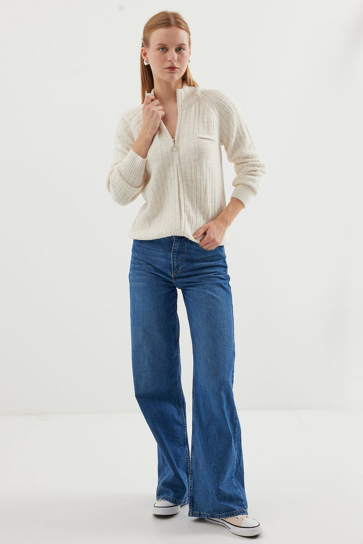 BGD Women Zippered Knit Cardigan - Ecru - South Shields