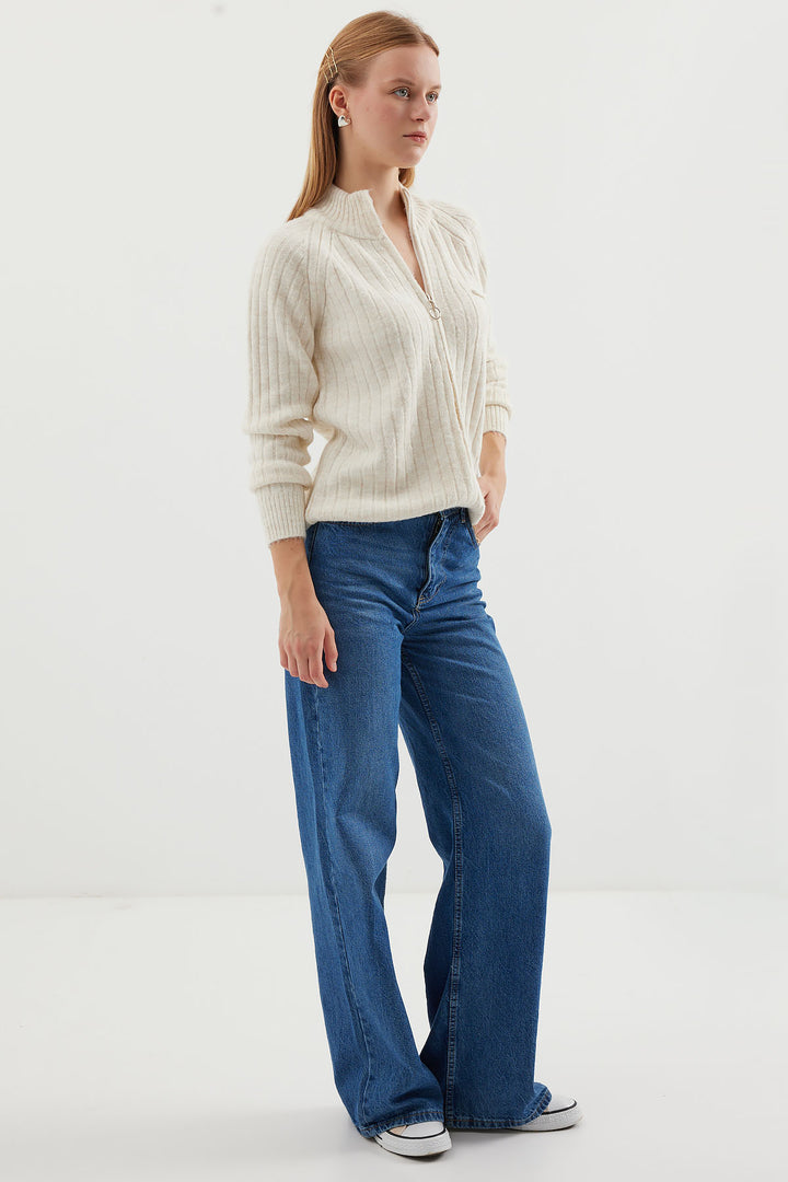 BGD Women Zippered Knit Cardigan - Ecru - South Shields