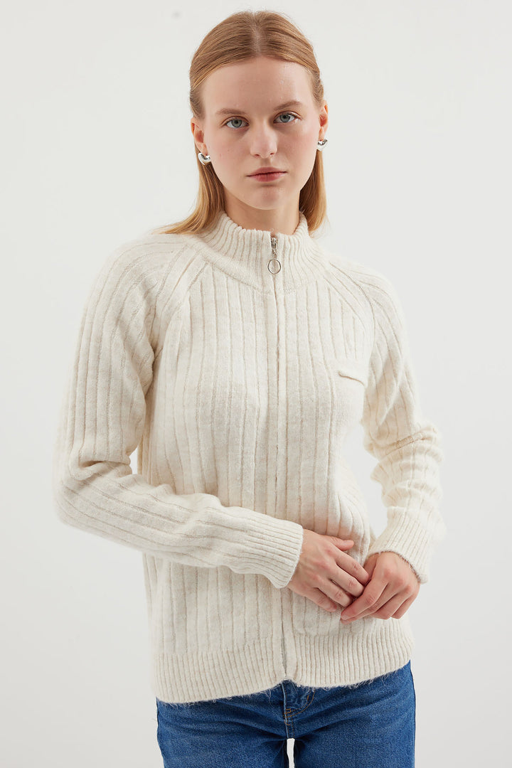 BGD Women Zippered Knit Cardigan - Ecru - South Shields