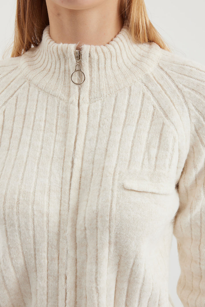 BGD Women Zippered Knit Cardigan - Ecru - South Shields