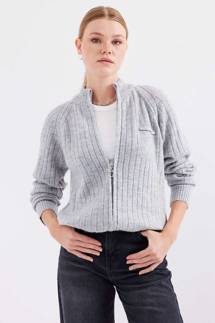 BGD Women Zippered Cardigan Sweater - Gray - Belleville