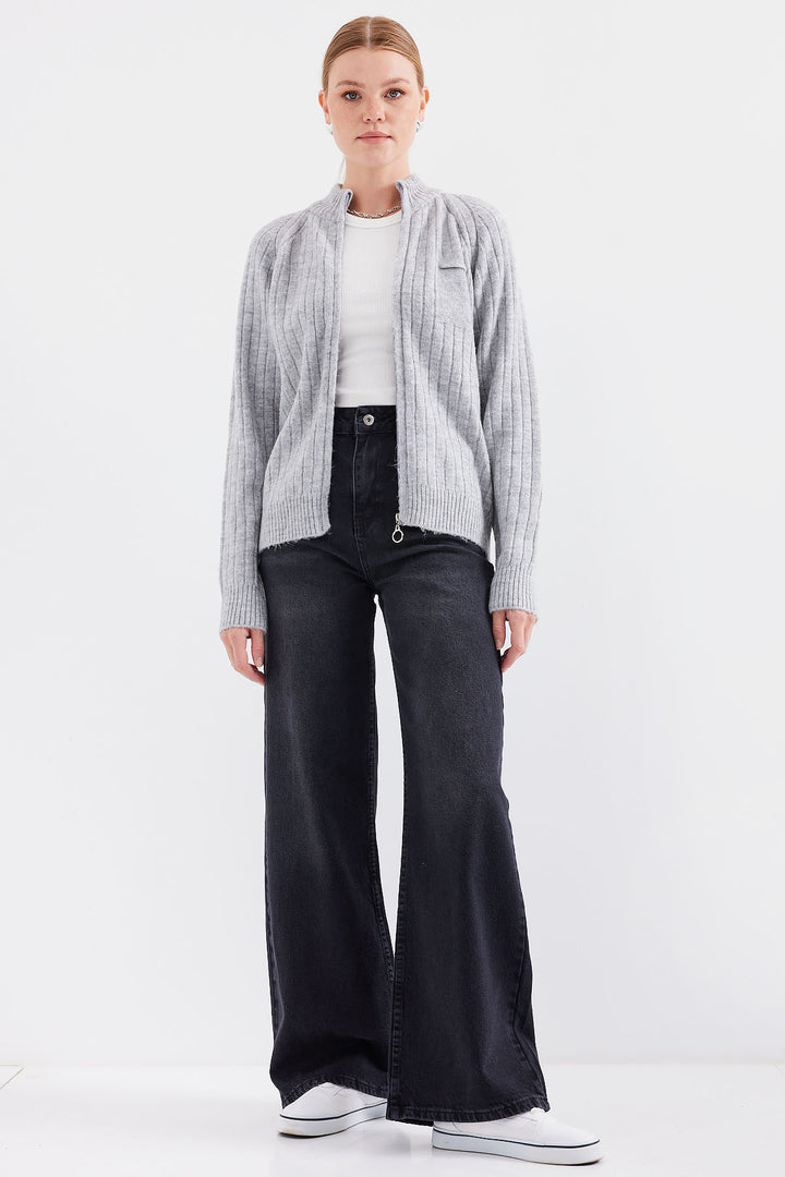 BGD Women Zippered Cardigan Sweater - Gray - Belleville