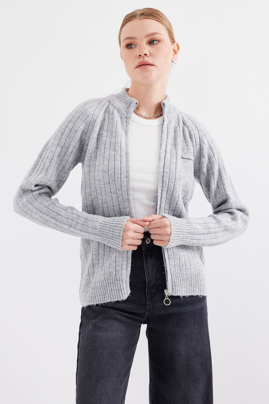 BGD Women Zippered Cardigan Sweater - Gray - Belleville