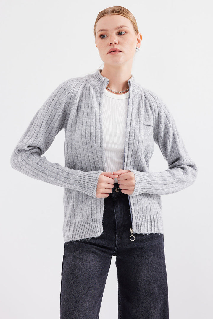 BGD Women Zippered Cardigan Sweater - Gray - Belleville