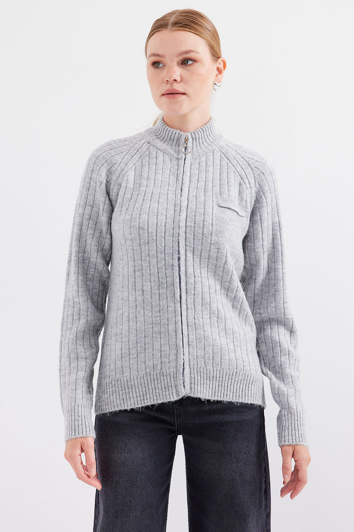 BGD Women Zippered Cardigan Sweater - Gray - Belleville