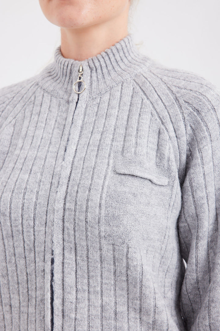 BGD Women Zippered Cardigan Sweater - Gray - Belleville
