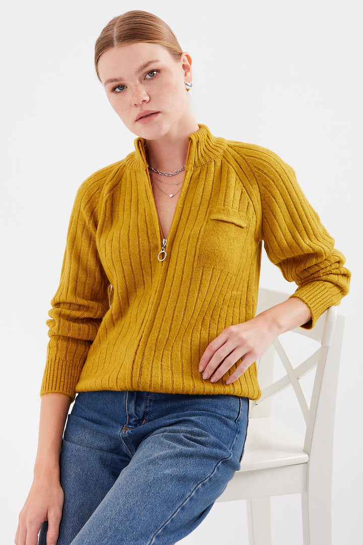 BGD Women Zippered Knit Cardigan - Mustard - Victoria