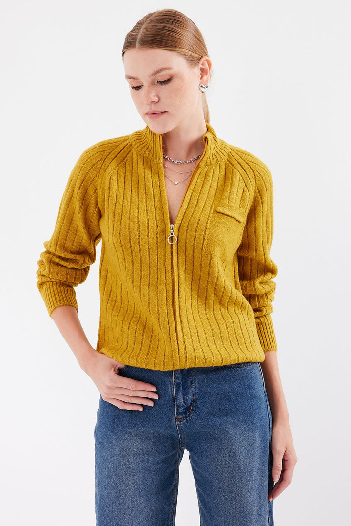 BGD Women Zippered Knit Cardigan - Mustard - Victoria