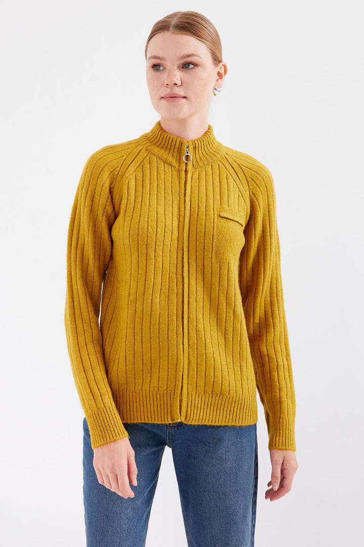 BGD Women Zippered Knit Cardigan - Mustard - Victoria