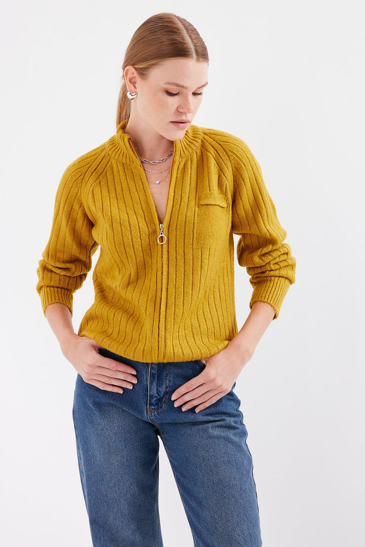 BGD Women Zippered Knit Cardigan - Mustard - Victoria