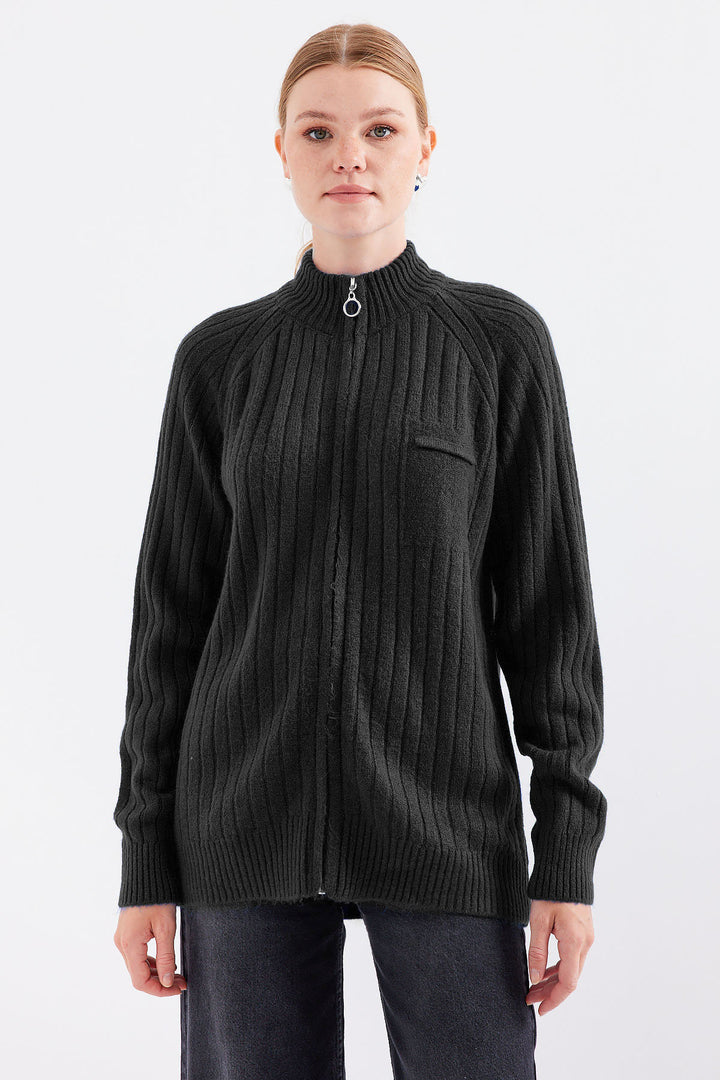 BGD Women Zip-up Cardigan Sweater - Black - El Monte