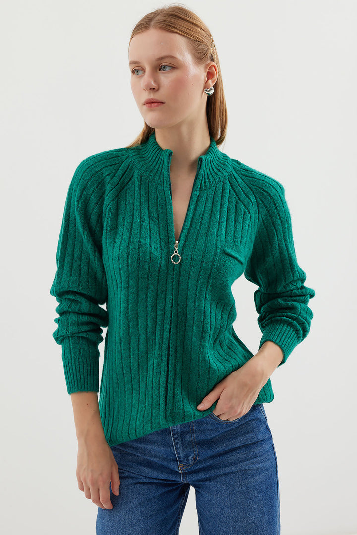 BGD Women Zippered Knit Cardigan - Emerald Green - Saint Helens