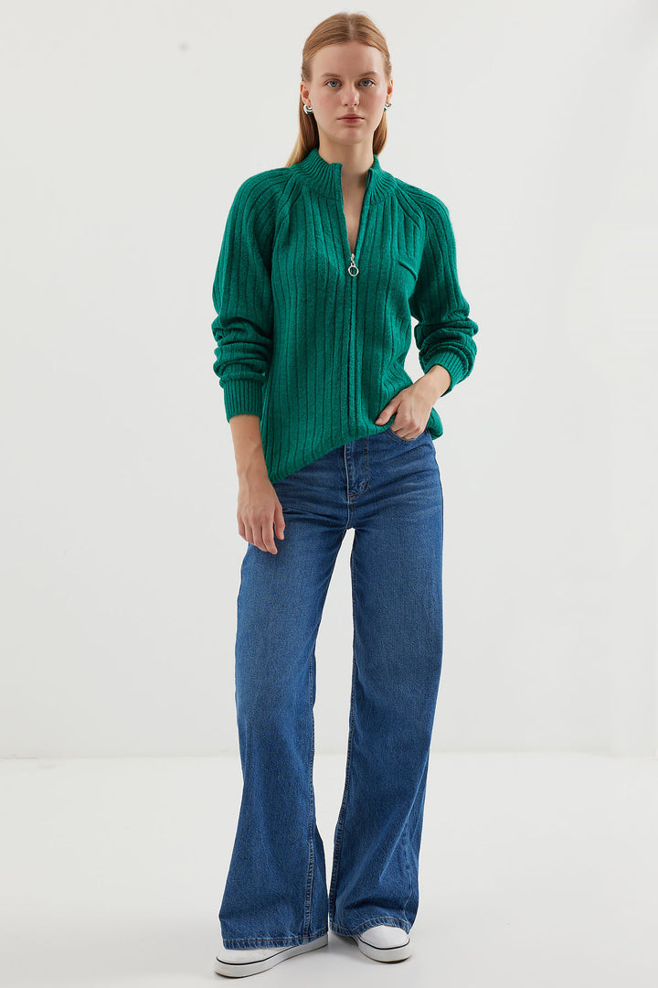 BGD Women Zippered Knit Cardigan - Emerald Green - Saint Helens