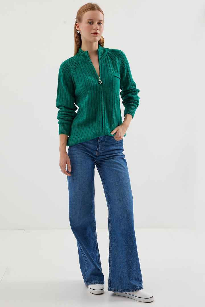 BGD Women Zippered Knit Cardigan - Emerald Green - Saint Helens