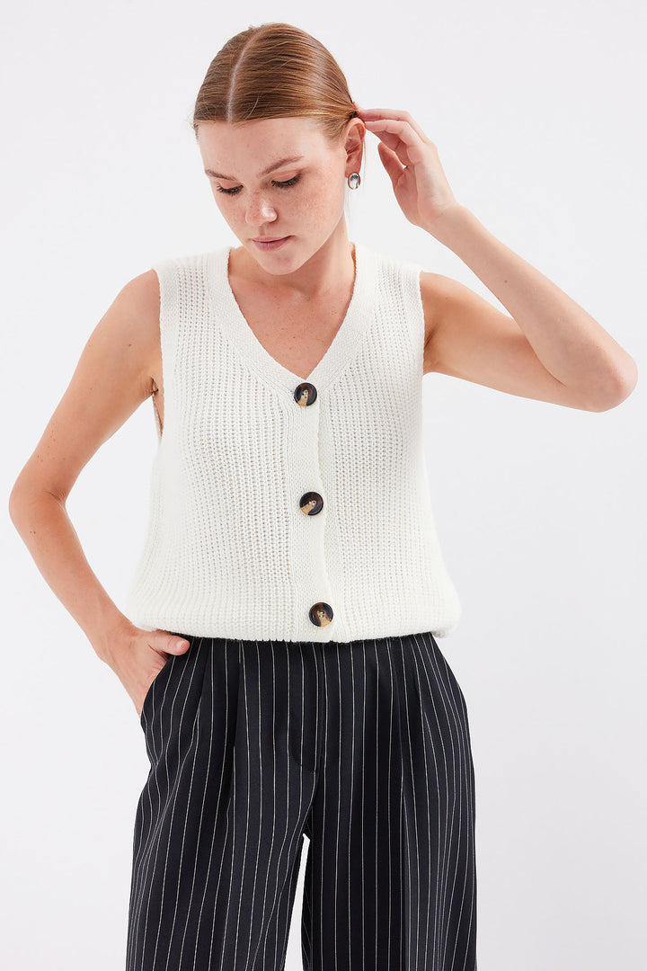 BGD Women Buttoned Short Knit Vest - Ecru - Avondale