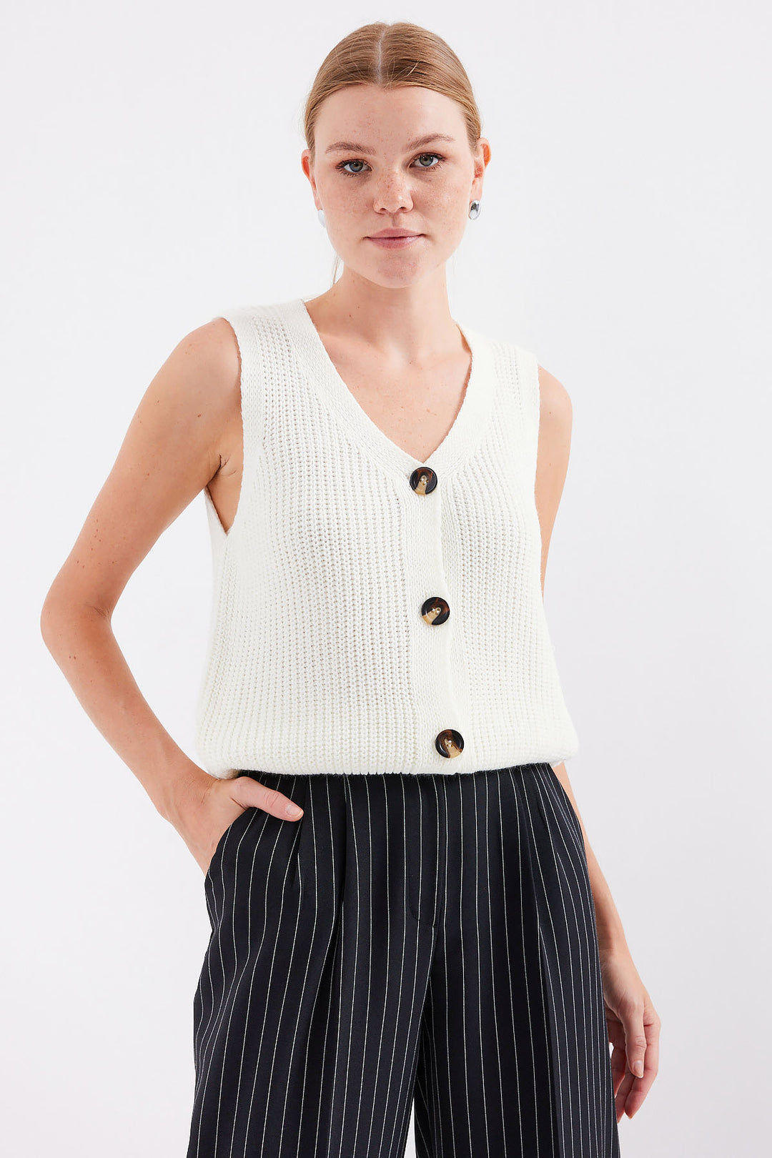 BGD Women Buttoned Short Knit Vest - Ecru - Avondale