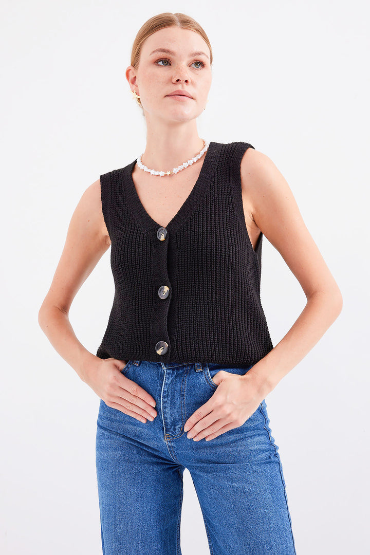 BGD Women Buttoned Short Knit Vest - Black - Salamanca