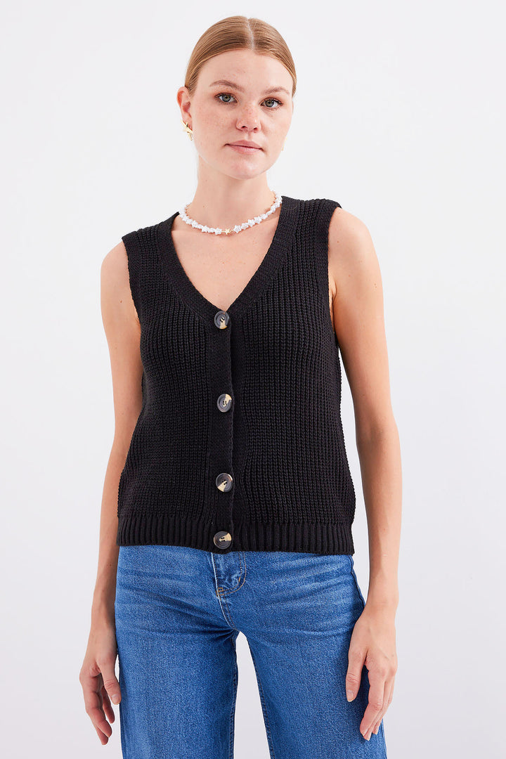 BGD Women Buttoned Short Knit Vest - Black - Salamanca