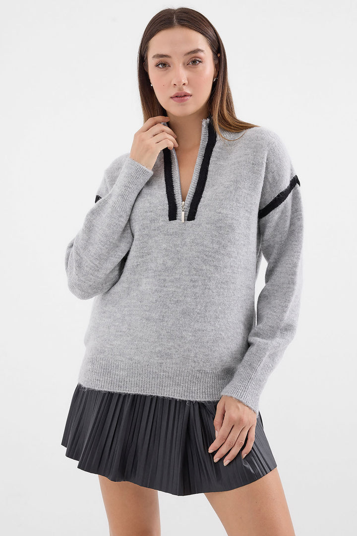 BGD Women Zippered Oversized Sweater - Gray - Kiryas Joel