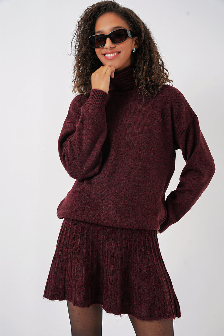 BGD Women Knit Skirt Sweater Set - Burgundy - Pueblo