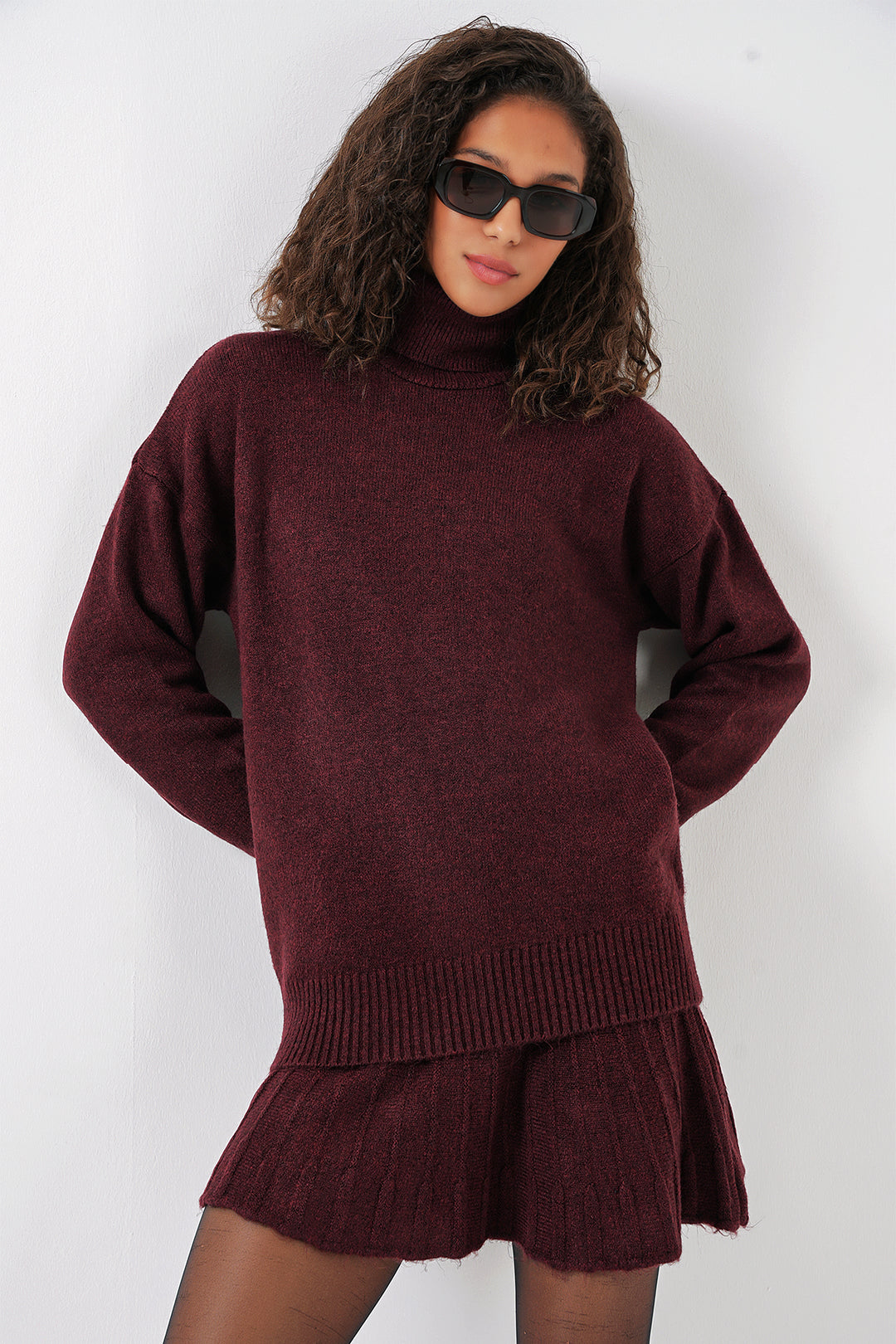 BGD Women Knit Skirt Sweater Set - Burgundy - Pueblo