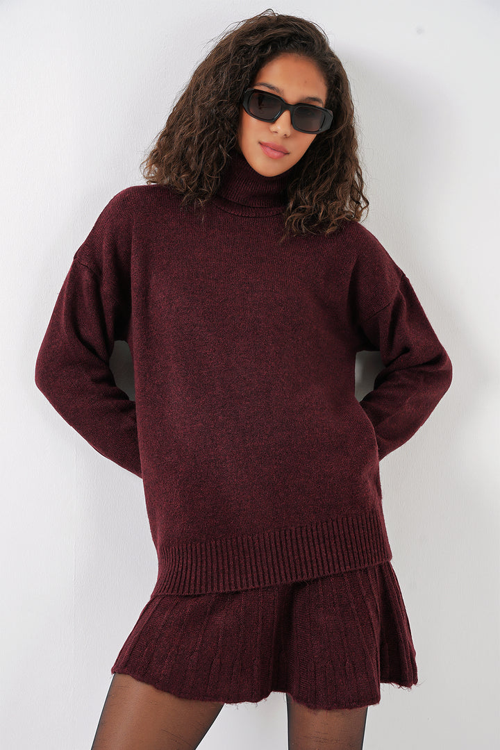 BGD Women Knit Skirt Sweater Set - Burgundy - Pueblo