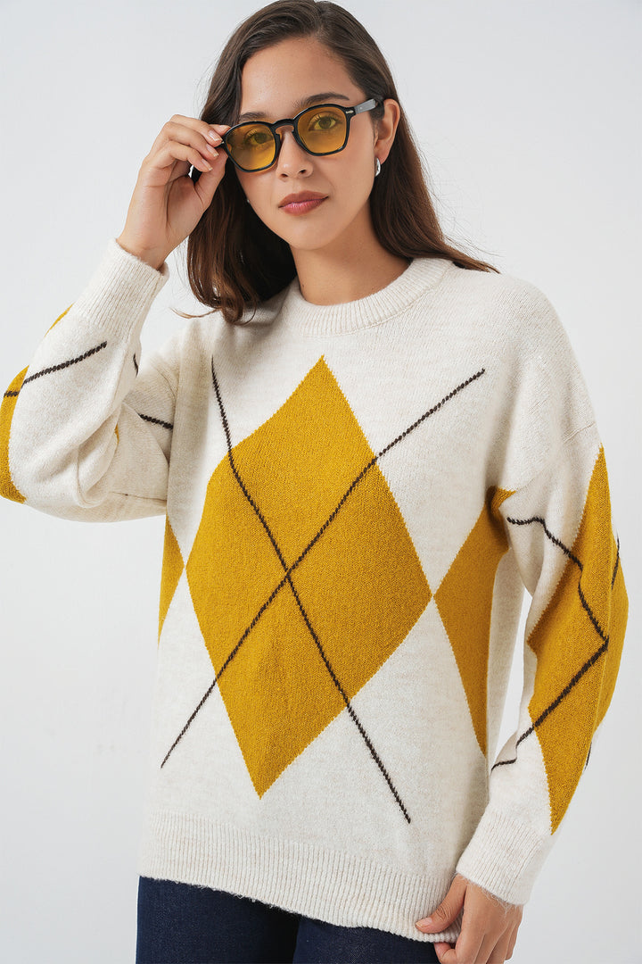 BGD Women Baklava Patterned Oversized Knit Sweater - Off-White - Apopka