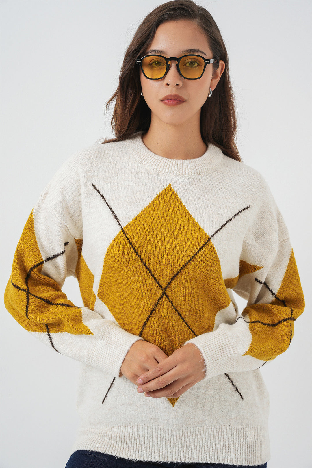 BGD Women Baklava Patterned Oversized Knit Sweater - Off-White - Apopka