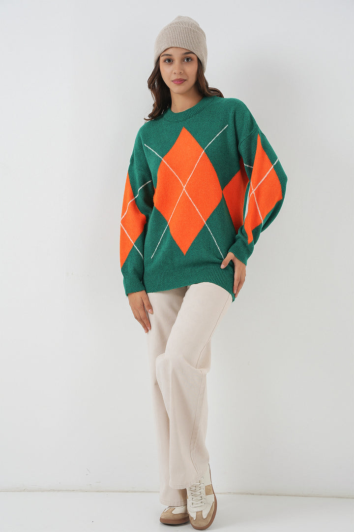 BGD Women Baklava Patterned Oversized Knit Sweater - A. Emerald Green - Edinburgh