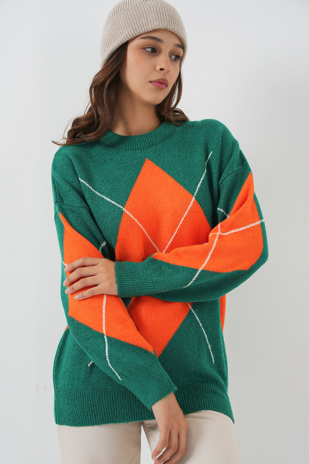 BGD Women Baklava Patterned Oversized Knit Sweater - A. Emerald Green - Edinburgh