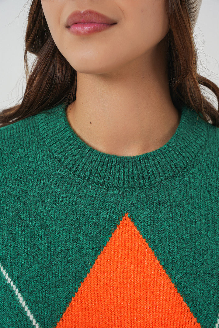 BGD Women Baklava Patterned Oversized Knit Sweater - A. Emerald Green - Fréjus