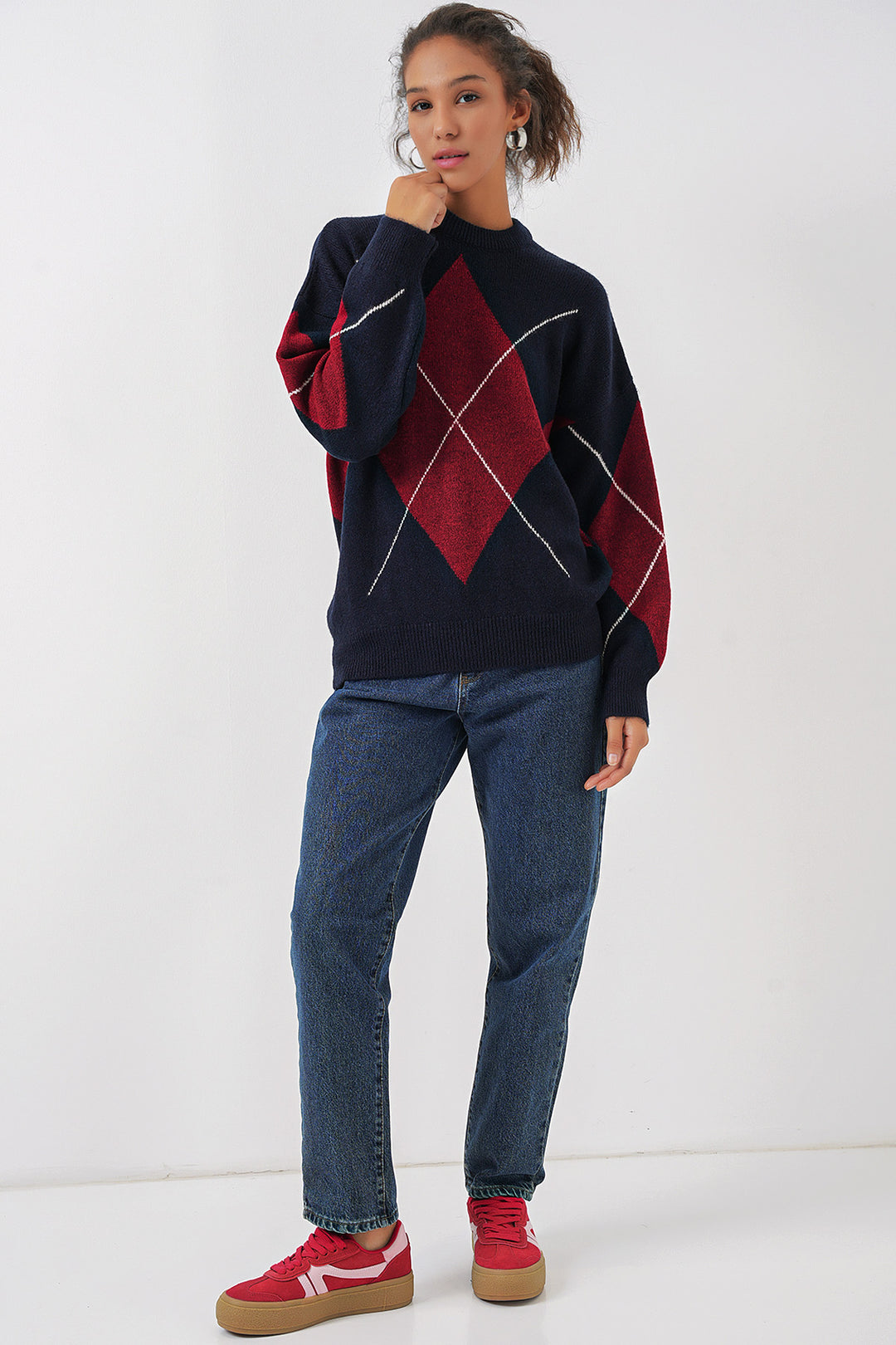 BGD Women Baklava Patterned Oversized Knit Sweater - Navy Blue - Tomelloso