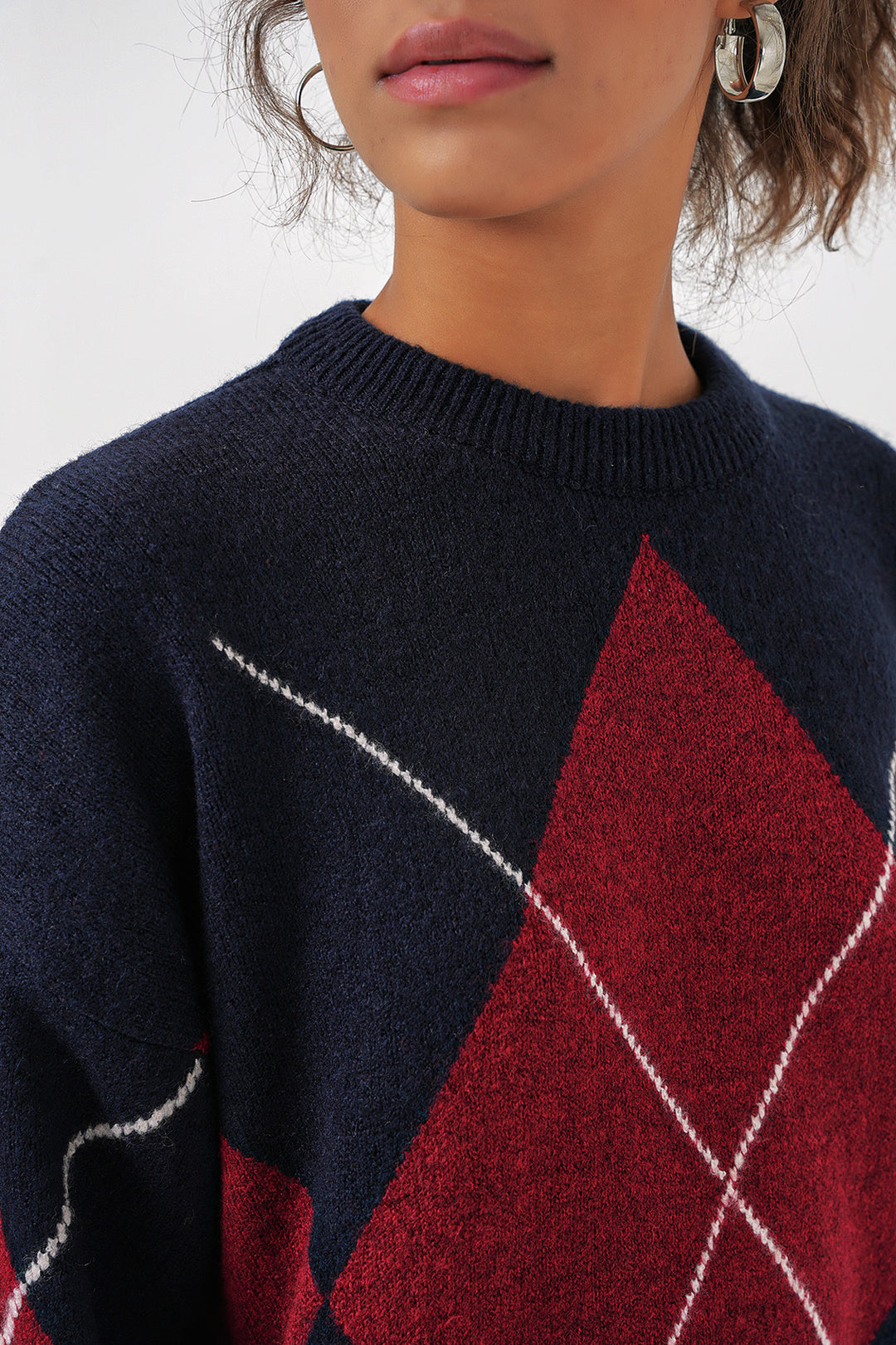 BGD Women Baklava Patterned Oversized Knit Sweater - Navy Blue - Tomelloso