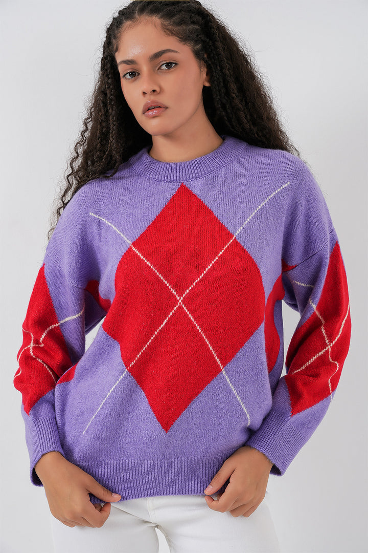 BGD Women Baklava Patterned Oversized Knit Sweater - Purple - Hattingen