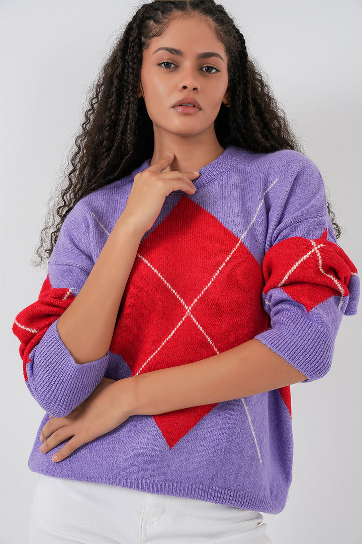 BGD Women Baklava Patterned Oversized Knit Sweater - Purple - Hattingen