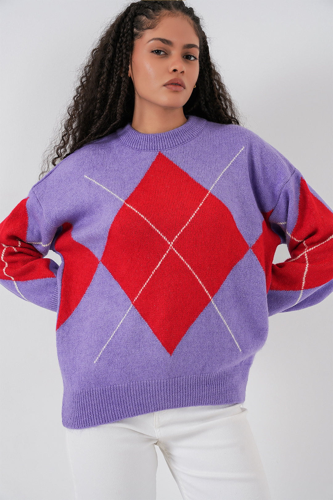 BGD Women Baklava Patterned Oversized Knit Sweater - Purple - Hattingen