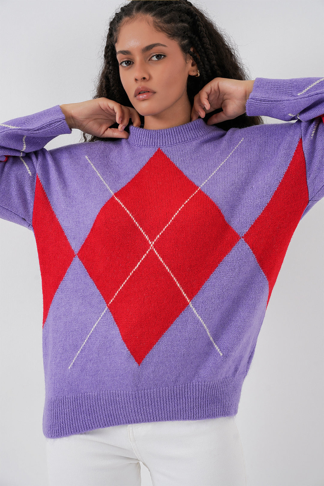 BGD Women Baklava Patterned Oversized Knit Sweater - Purple - Hattingen