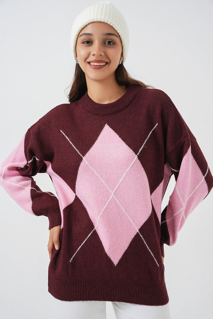 BGD Women Baklava Desenli Oversize Triko Kazak - Bordo - La Crosse
