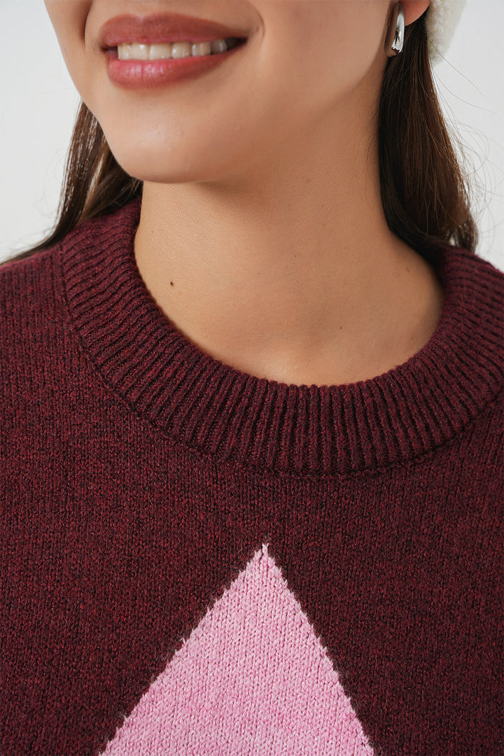 BGD Women Baklava Desenli Oversize Triko Kazak - Bordo - La Crosse