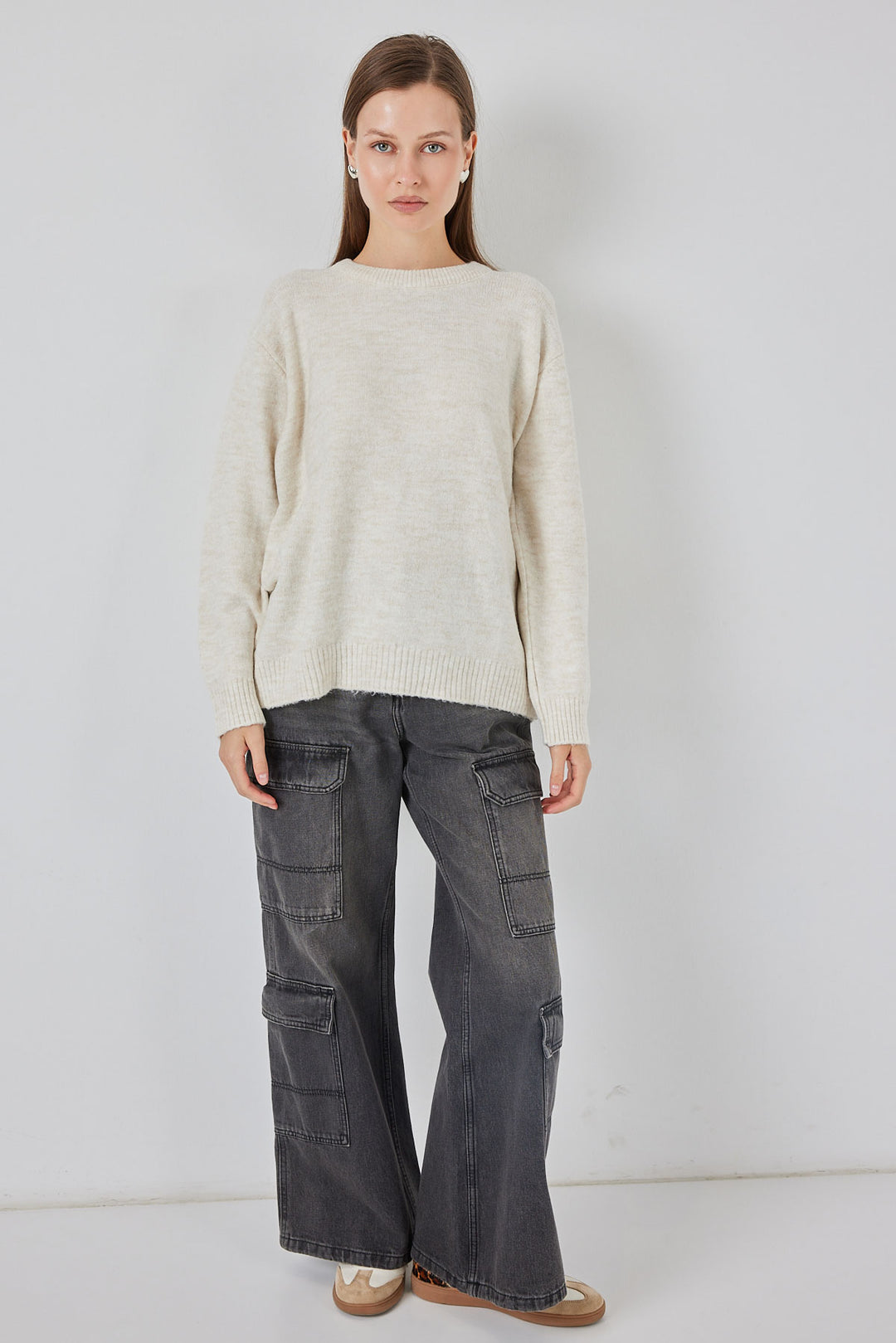 BGD Women Oversized Plain Cream Sweater - Prato