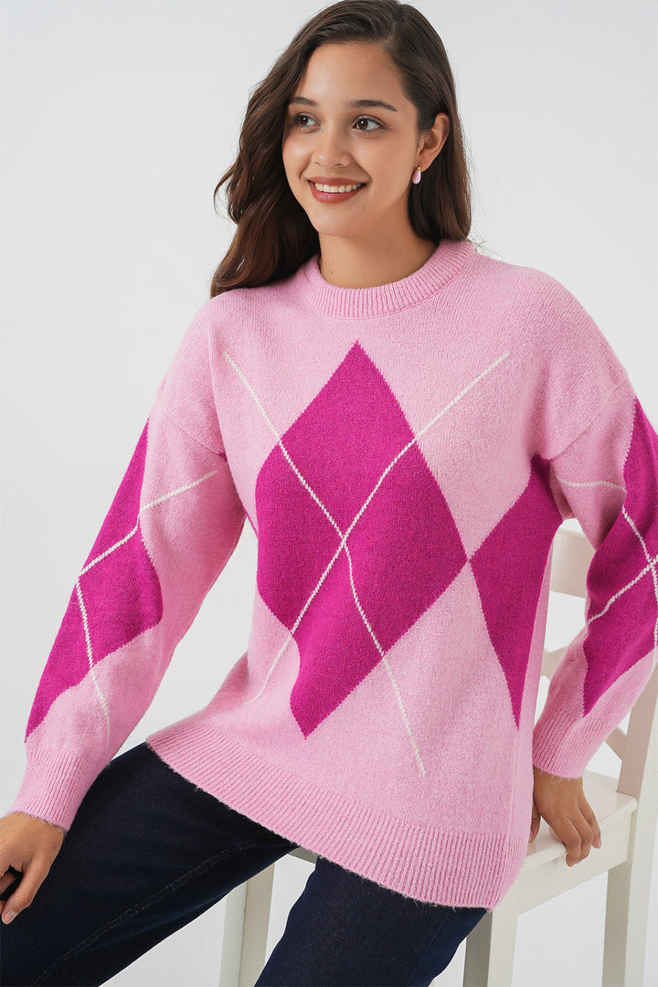 BGD Women Baklava Patterned Oversized Sweater - D.Pink - West Palm Beach