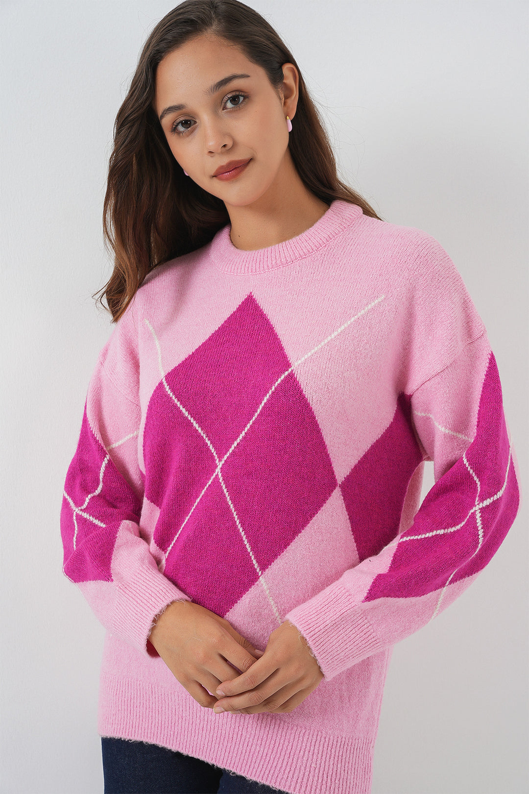 BGD Women Baklava Patterned Oversized Sweater - D.Pink - West Palm Beach