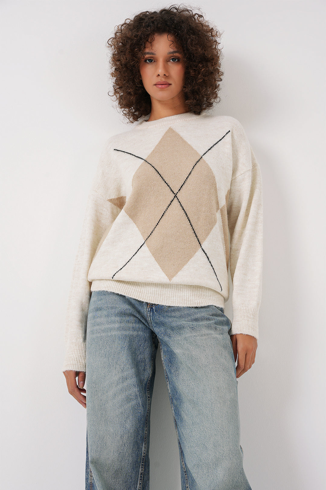 BGD Women Baklava Patterned Oversized Knit Sweater - Ecru - Jacona de Plancarte