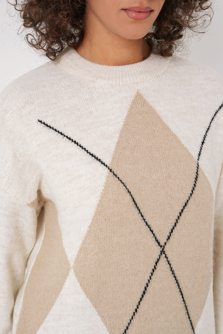 BGD Women Baklava Patterned Oversized Knit Sweater - Ecru - Jacona de Plancarte