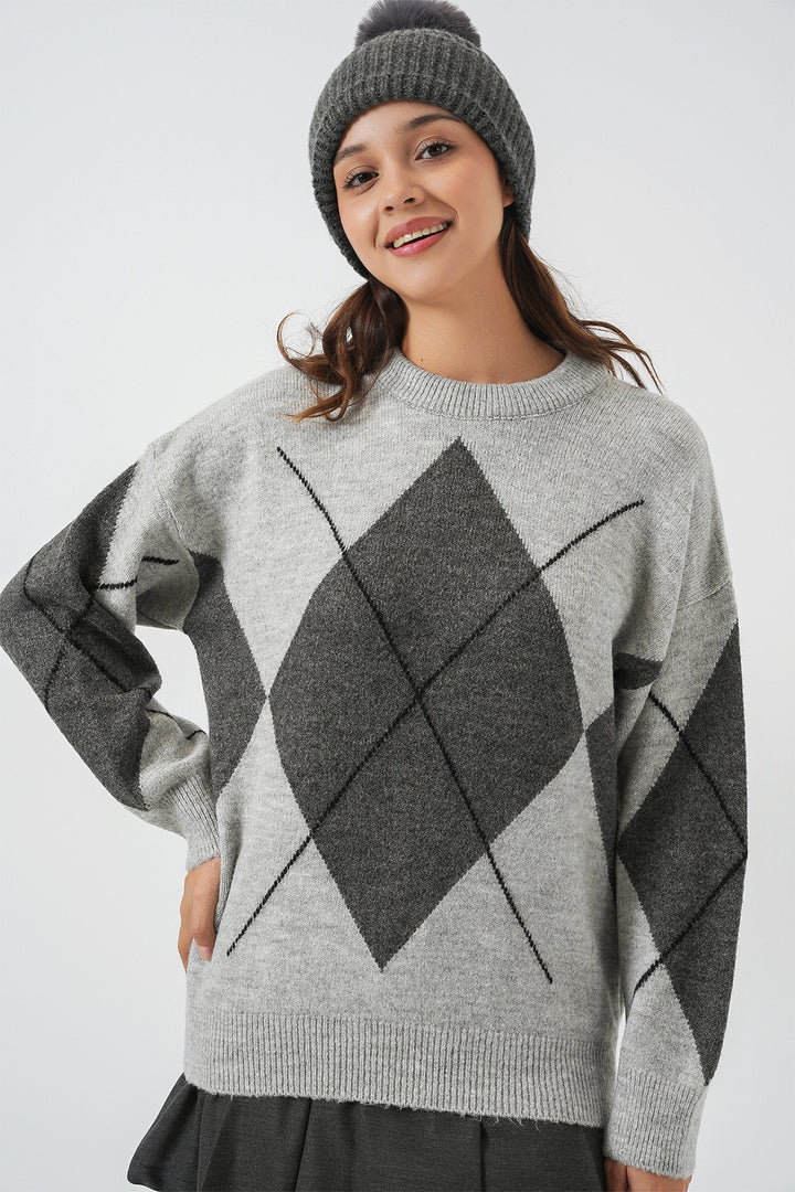 BGD Women Baklava Patterned Oversized Sweater - Dark Grey - Mount Vernon