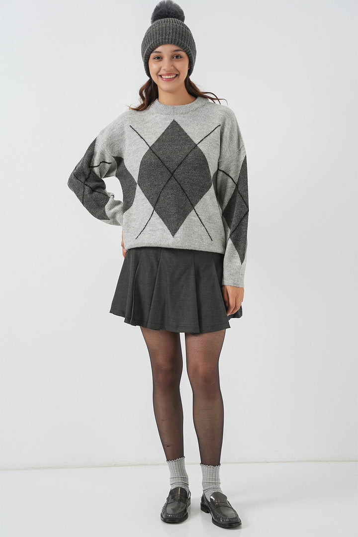 BGD Women Baklava Patterned Oversized Sweater - Dark Grey - Mount Vernon