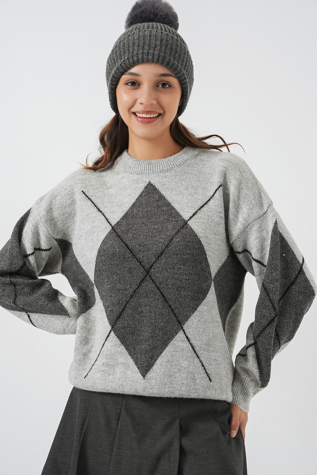 BGD Women Baklava Patterned Oversized Sweater - Dark Grey - Mount Vernon