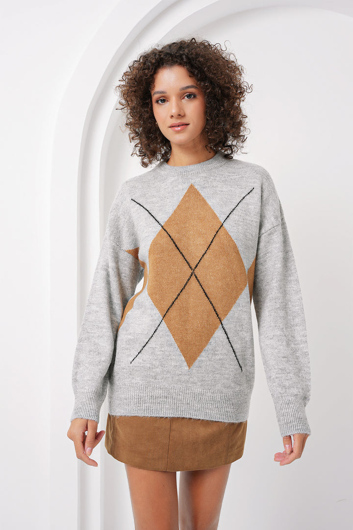 BGD Women Baklava Patterned Oversized Sweater - Gray - Shrewsbury