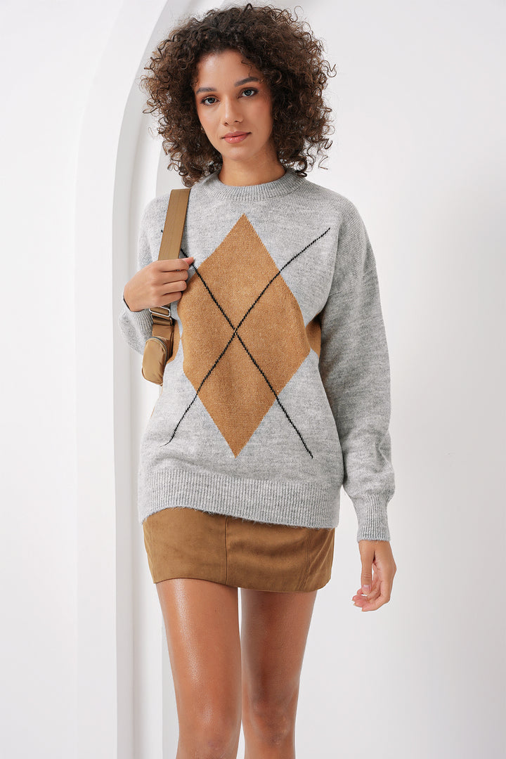 BGD Women Baklava Patterned Oversized Sweater - Gray - Shrewsbury